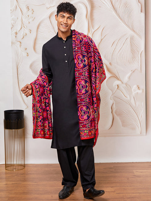 Men's Black Viscose Kurta, Patiala And Dupatta Set.